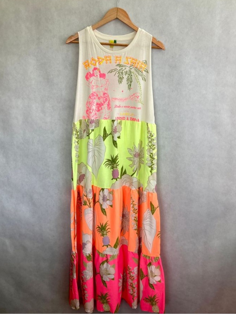 RARE- FARM Rio “Roda a Saia” Neon tiered Maxi dress featuring graphic tank - Picture 5 of 6